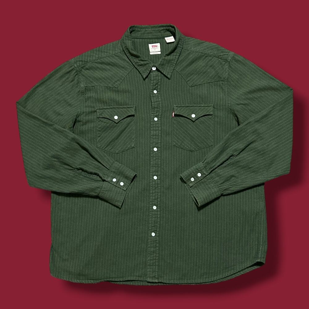Levis Pearl Snap Western Shirt Green Striped Long Sleeve y2k Cotton Mens XL